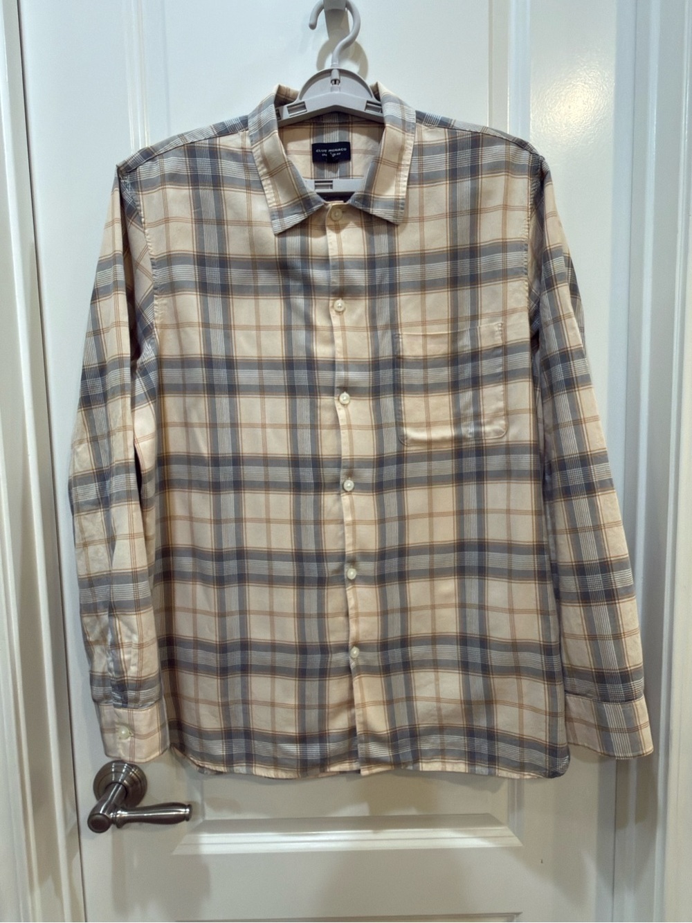 Men’s Club Monaco Plaid Button-Down Shirt in Cream and Gray size Large